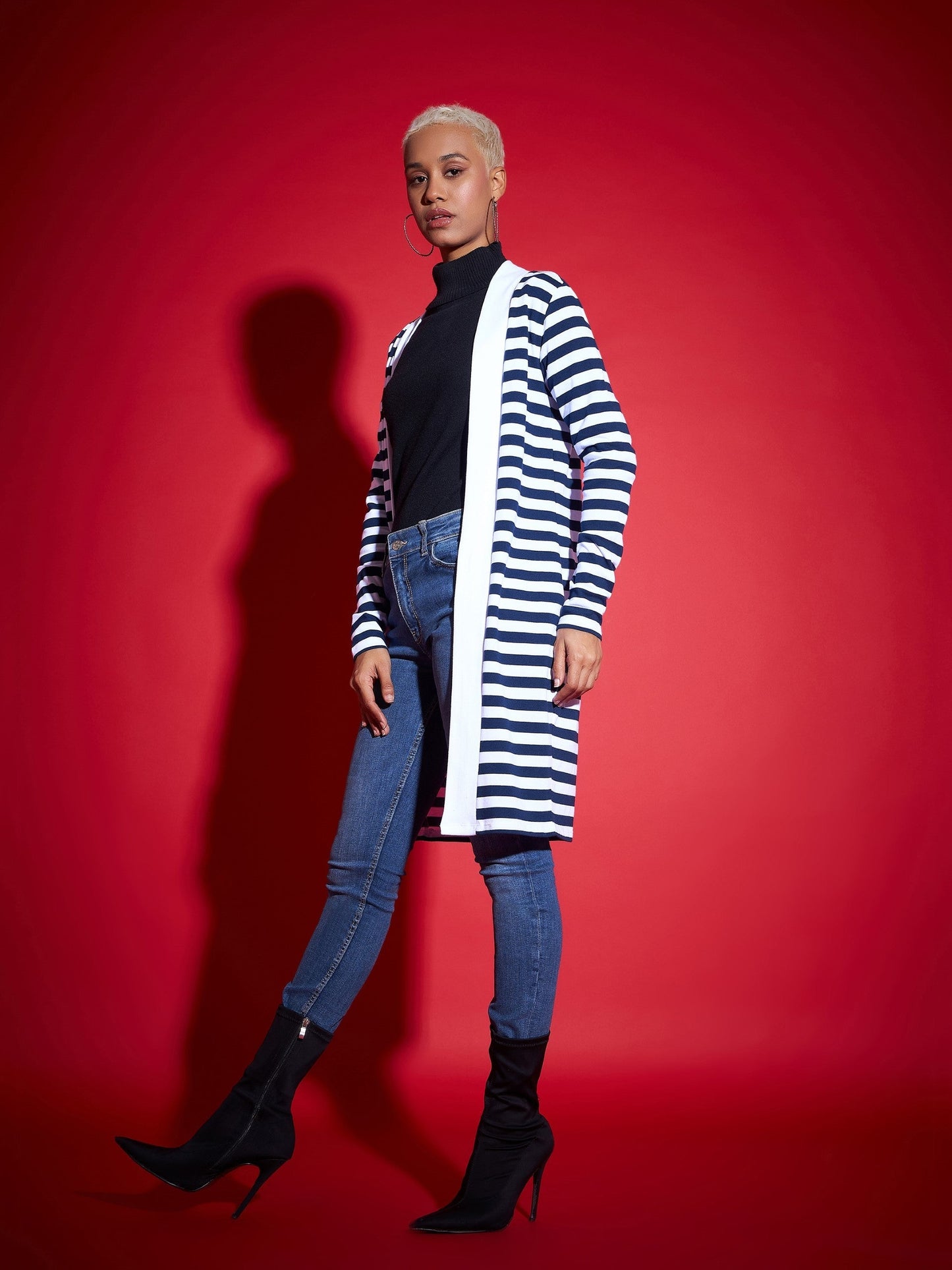Navy & White Striped Front Open Sweater