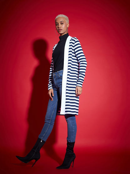Navy & White Striped Front Open Sweater