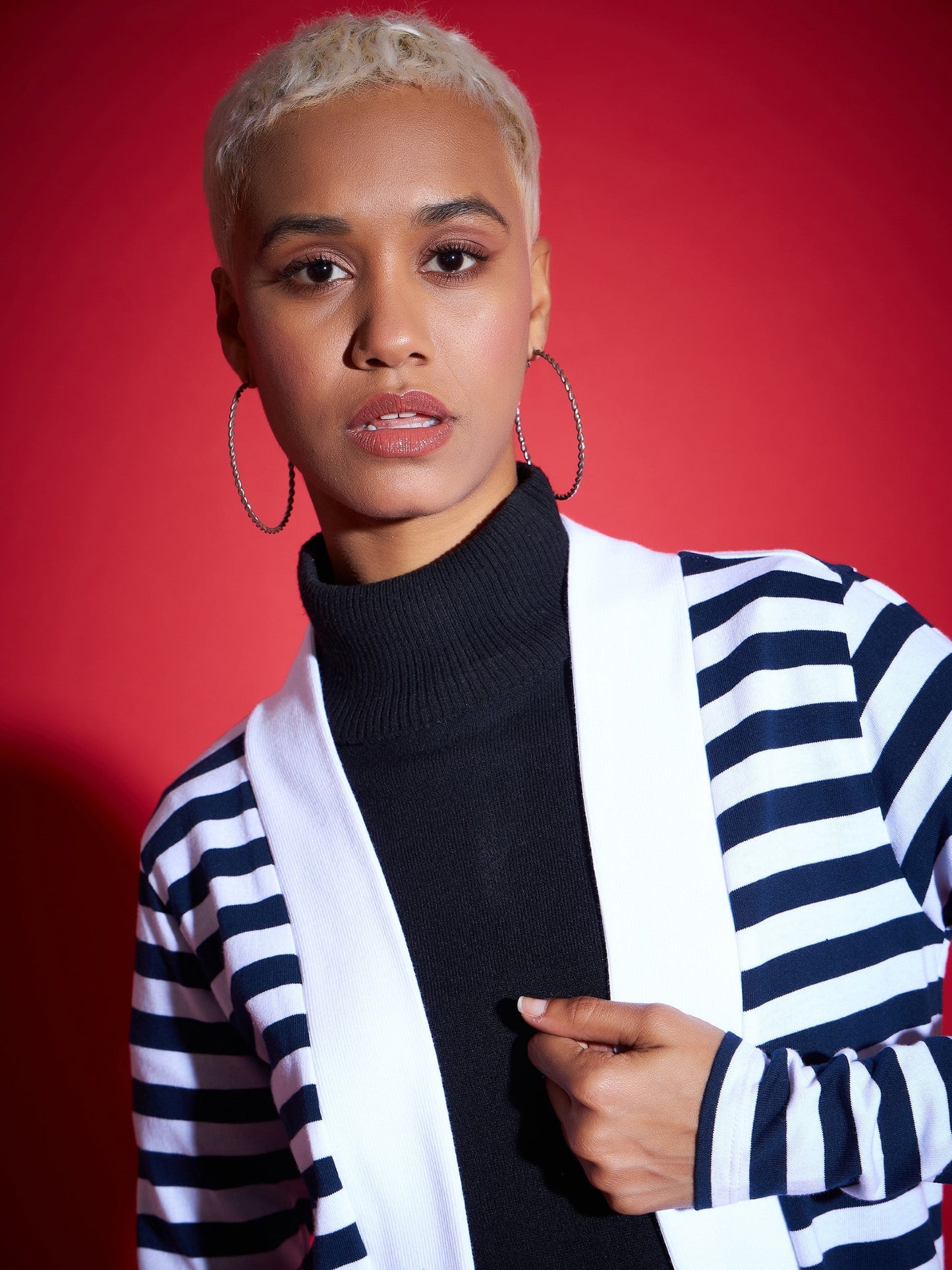 Navy & White Striped Front Open Sweater
