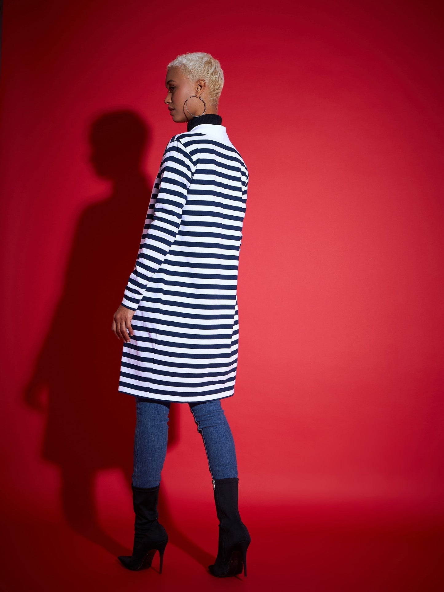 Navy & White Striped Front Open Sweater