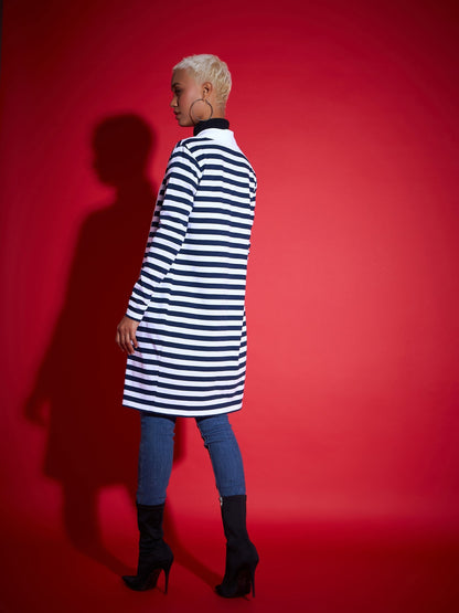 Navy & White Striped Front Open Sweater