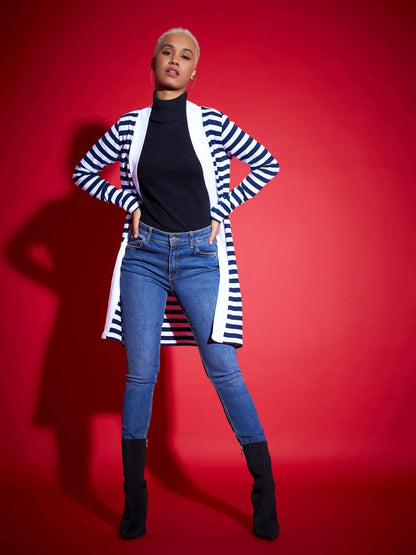 Navy & White Striped Front Open Sweater