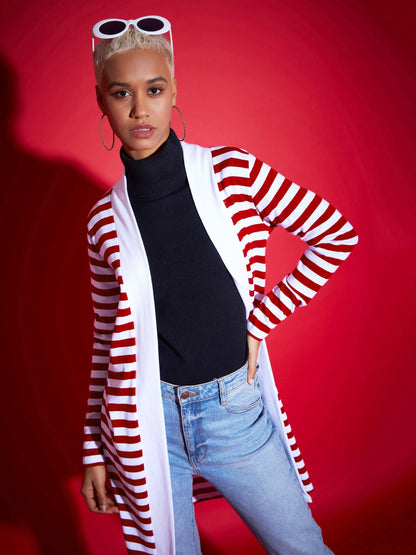 Women Red & White Striped Front Open Sweater