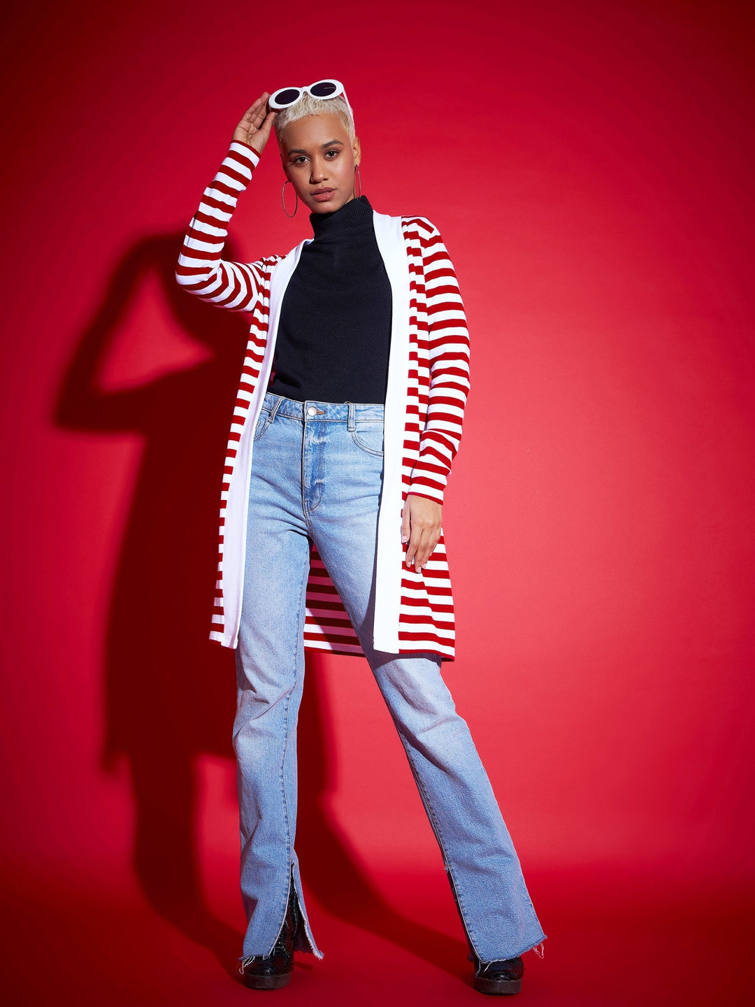 Women Red &amp; White Striped Front Open Sweater
