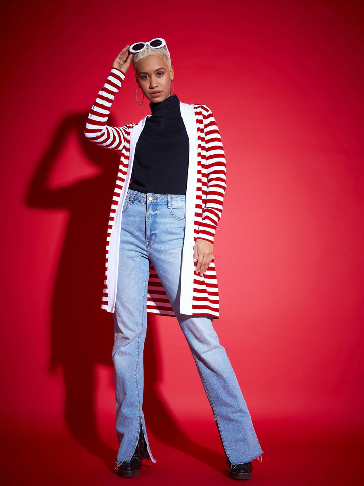 Women Red &amp; White Striped Front Open Sweater