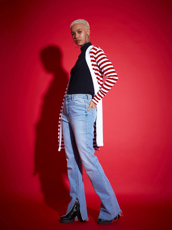 Women Red &amp; White Striped Front Open Sweater