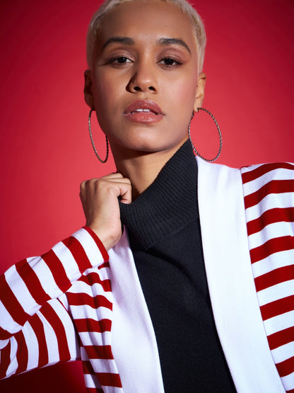 Women Red & White Striped Front Open Sweater