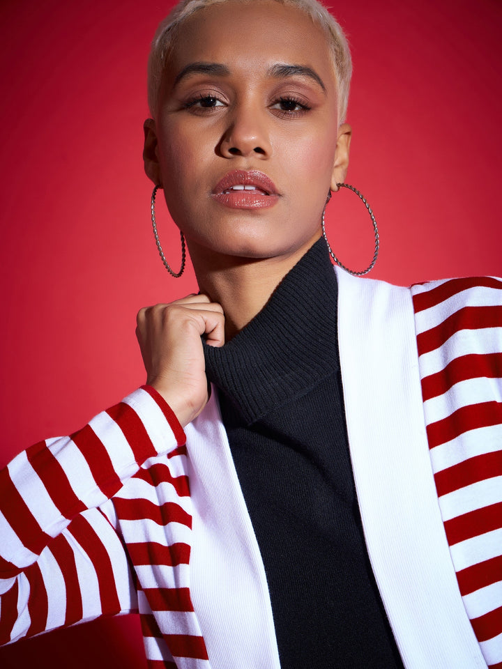 Women Red &amp; White Striped Front Open Sweater