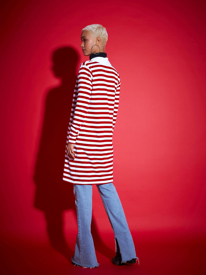 Women Red &amp; White Striped Front Open Sweater