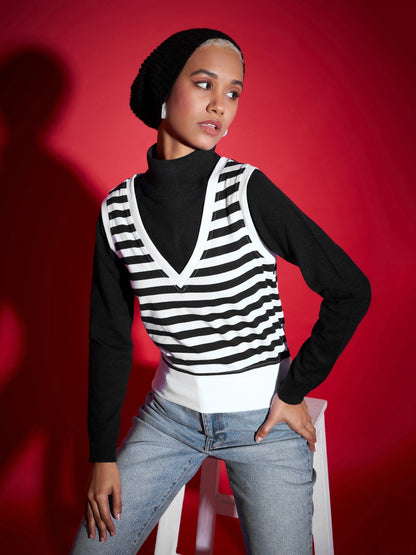 Black & White Striped V-Neck Sleeveless Sweater