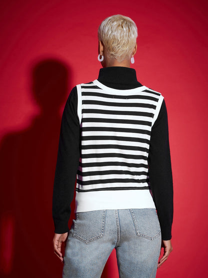 Black & White Striped V-Neck Sleeveless Sweater