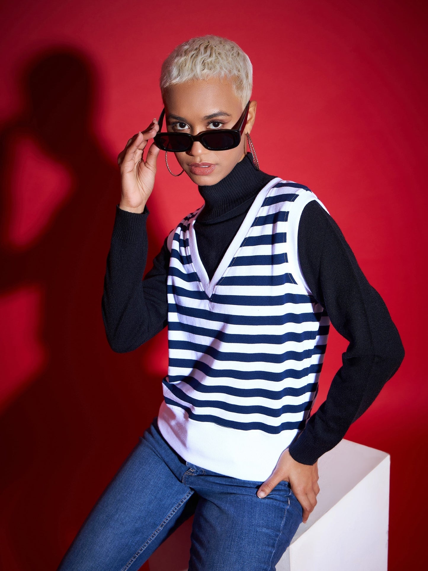 Navy & White Striped V-Neck Sleeveless Sweater
