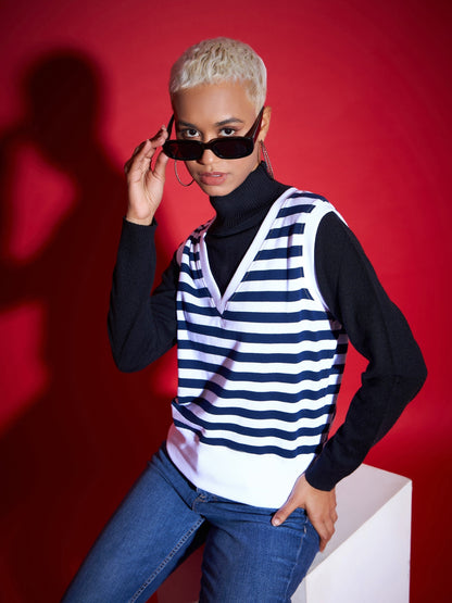Navy & White Striped V-Neck Sleeveless Sweater
