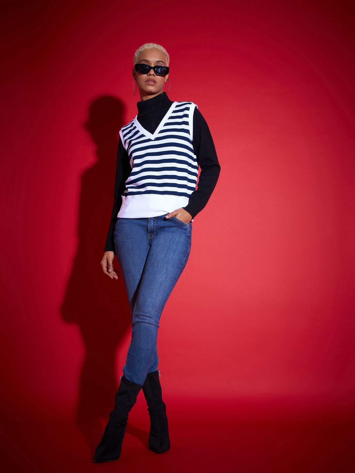 Navy & White Striped V-Neck Sleeveless Sweater