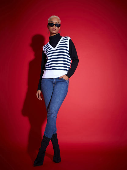 Navy & White Striped V-Neck Sleeveless Sweater