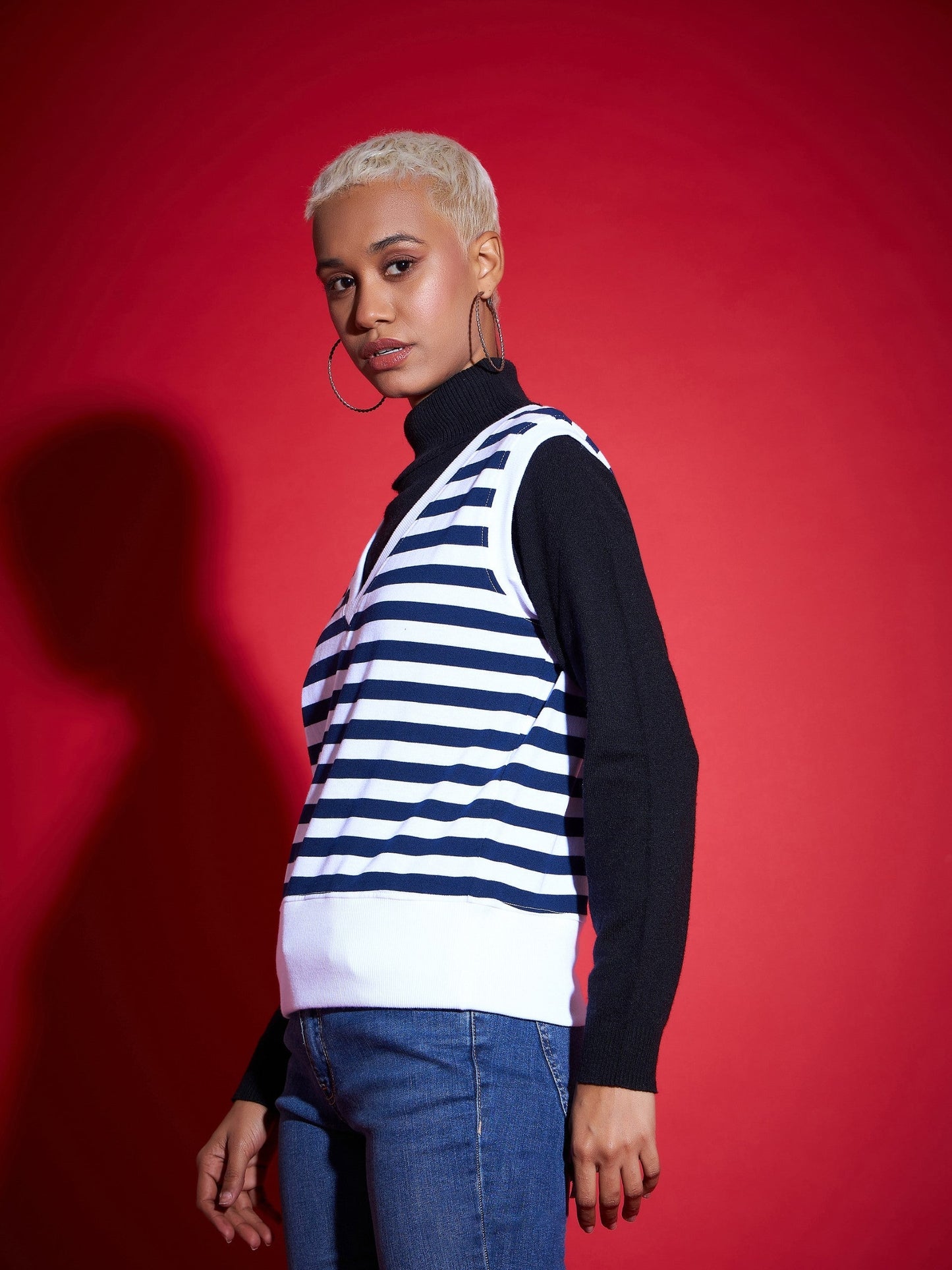 Navy & White Striped V-Neck Sleeveless Sweater