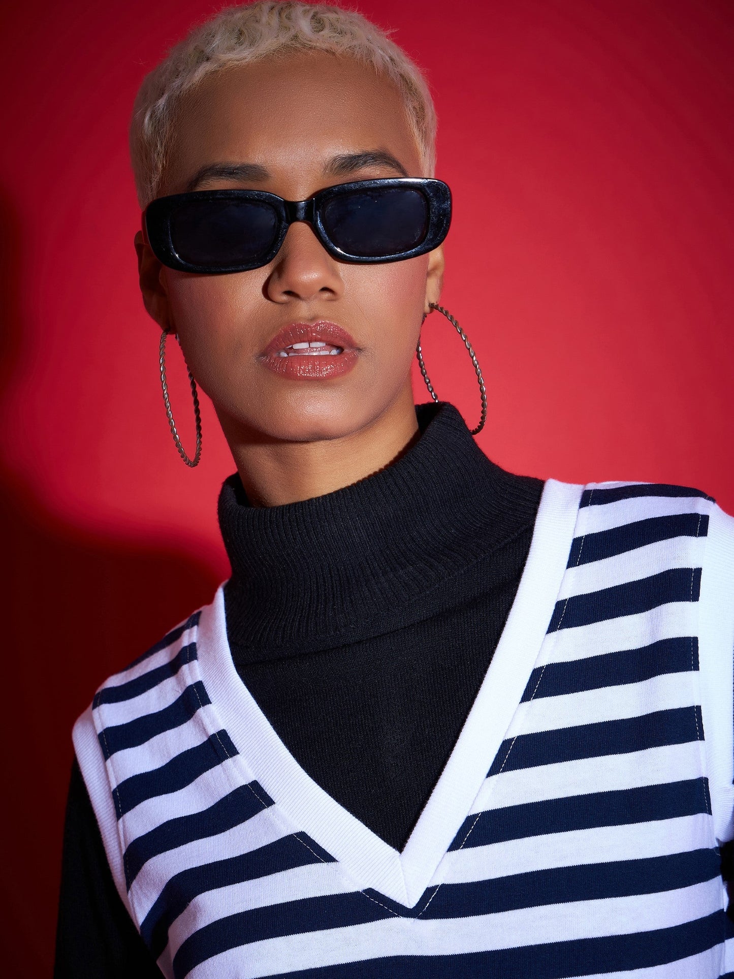 Navy & White Striped V-Neck Sleeveless Sweater