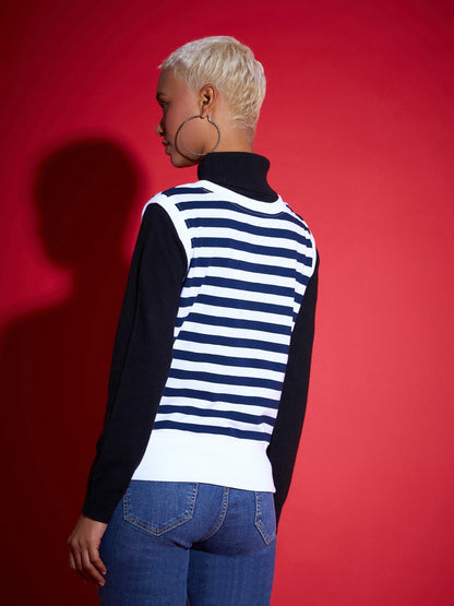 Navy & White Striped V-Neck Sleeveless Sweater
