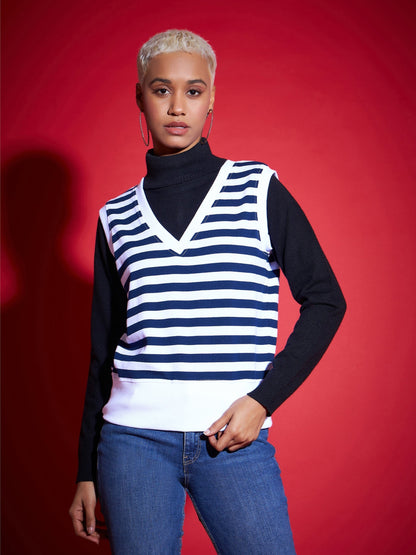 Navy & White Striped V-Neck Sleeveless Sweater