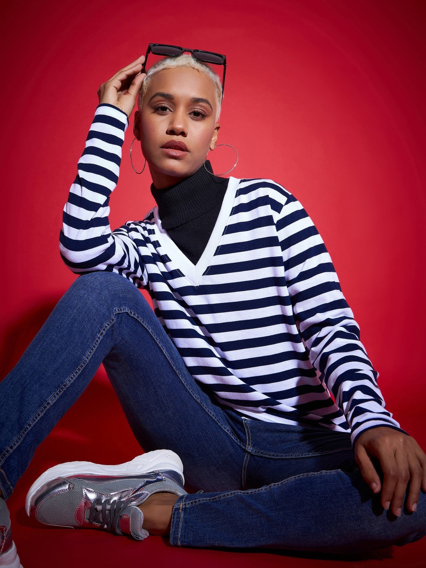 Navy & White Striped Sweater