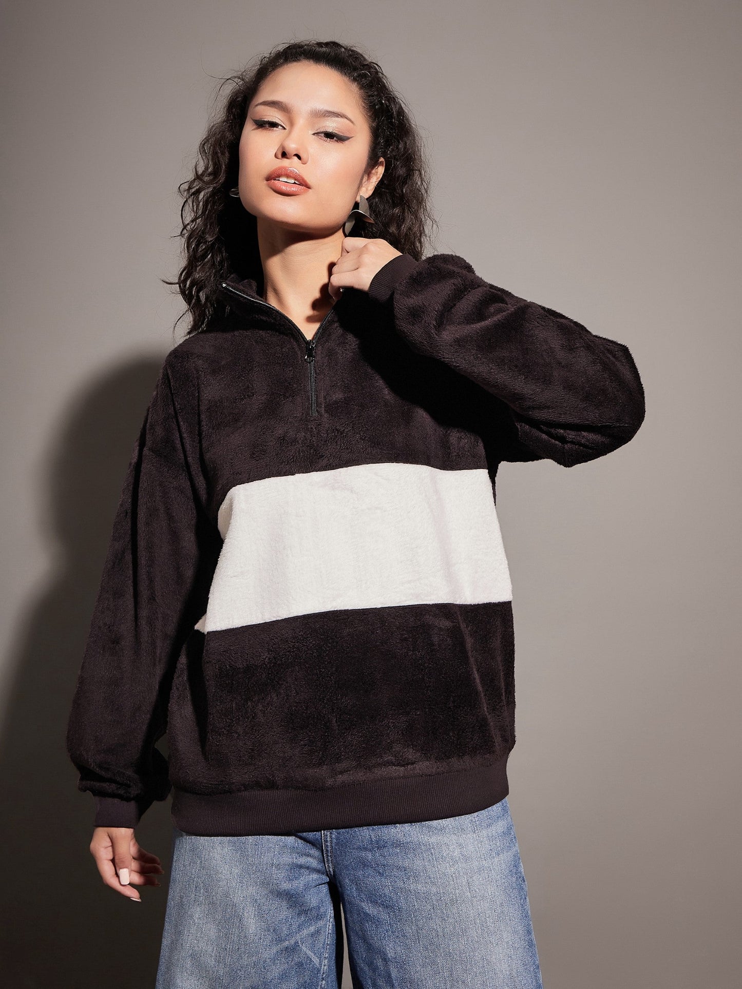 Black Fur Colour Block High Neck Sweatshirt