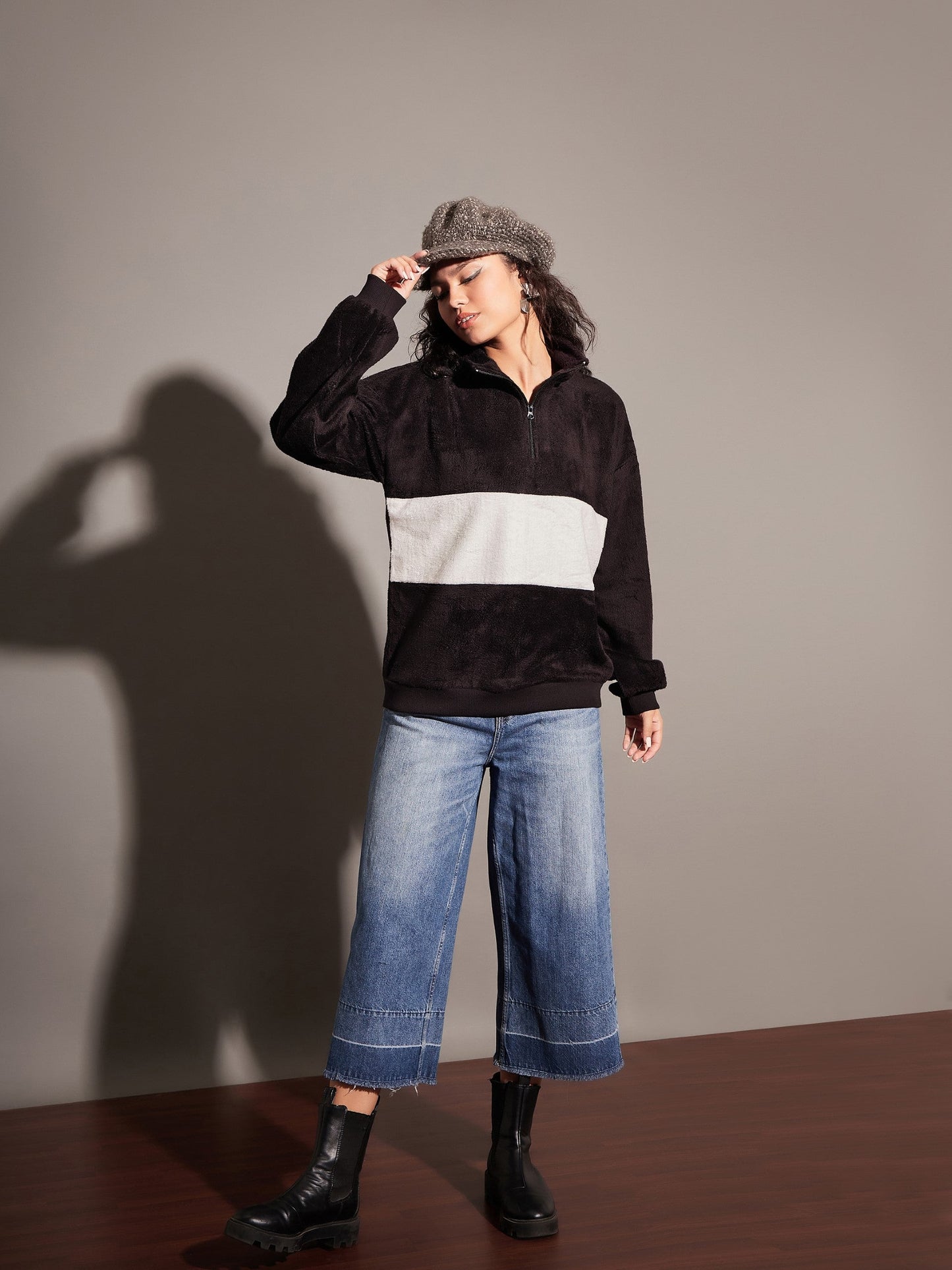 Black Fur Colour Block High Neck Sweatshirt