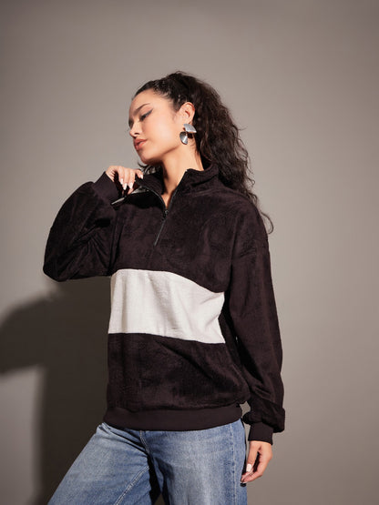 Black Fur Colour Block High Neck Sweatshirt