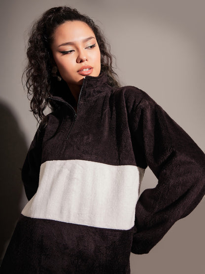 Black Fur Colour Block High Neck Sweatshirt