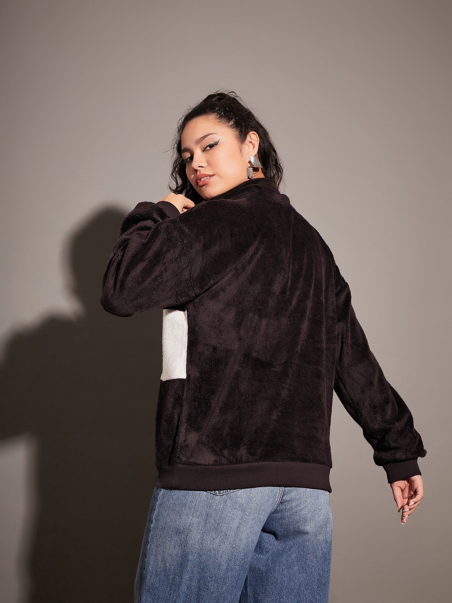 Black Fur Colour Block High Neck Sweatshirt