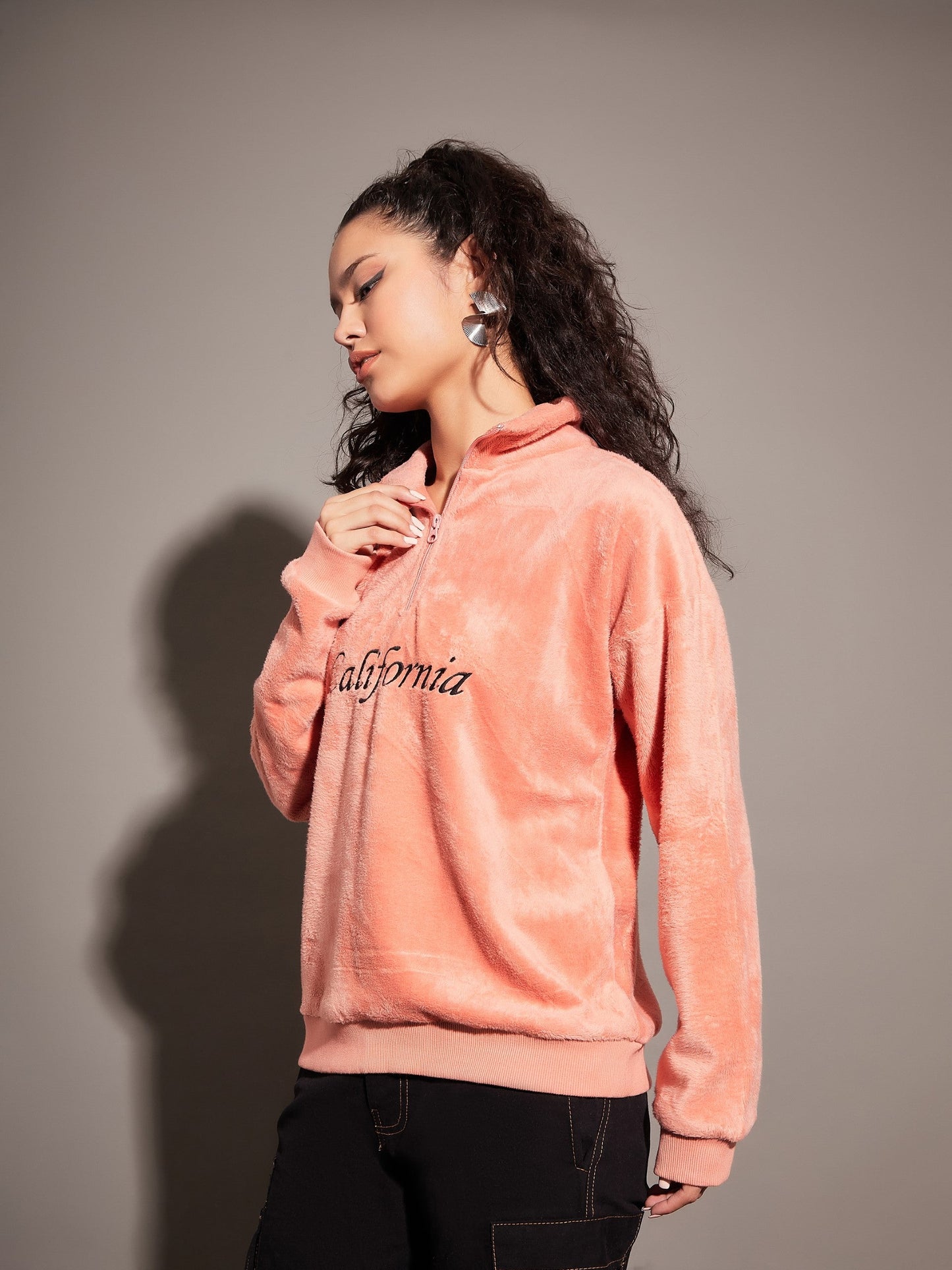 Pink Fur CALIFORNIA Embroidered High Neck Sweatshirt