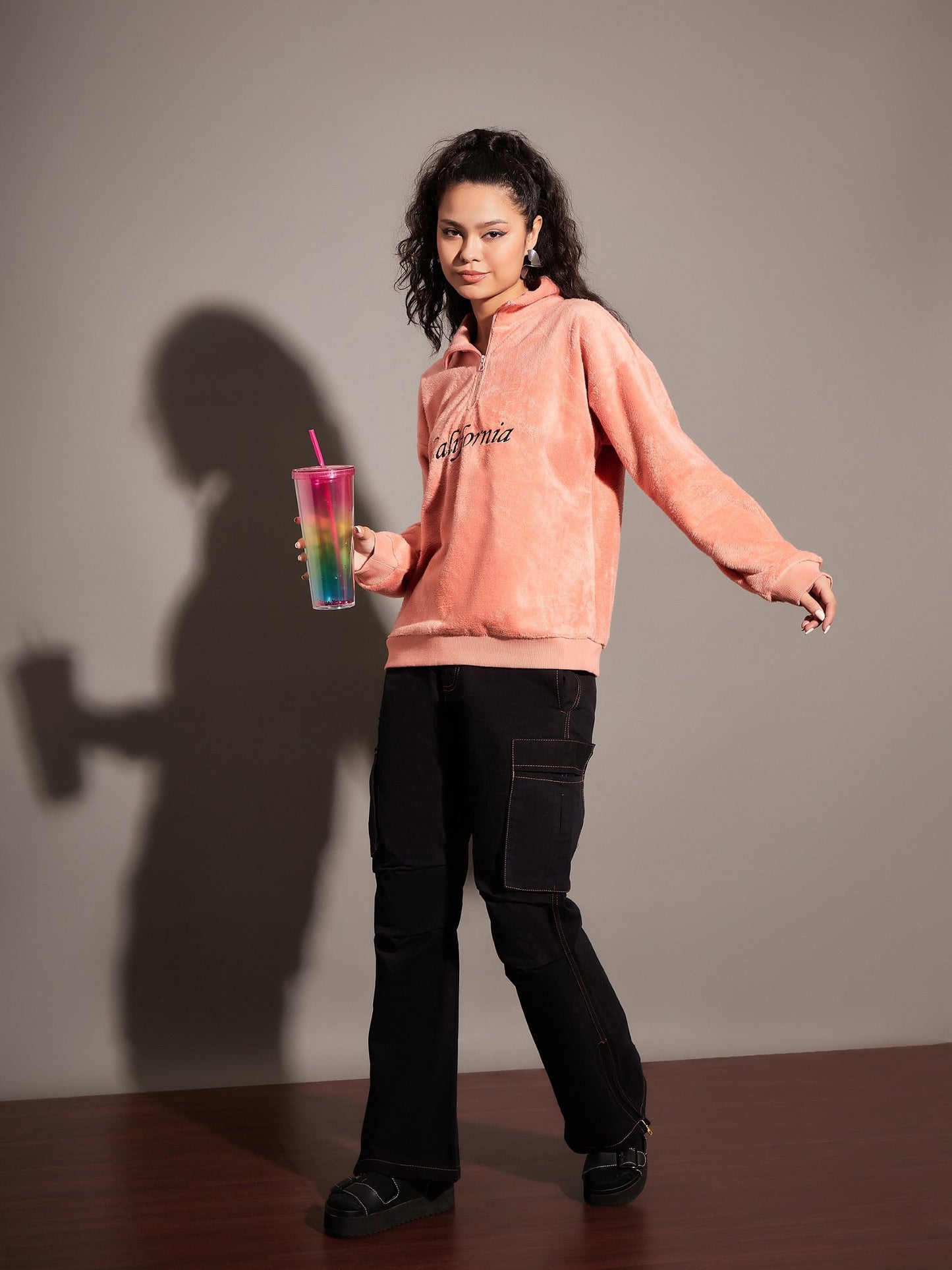 Pink Fur CALIFORNIA Embroidered High Neck Sweatshirt