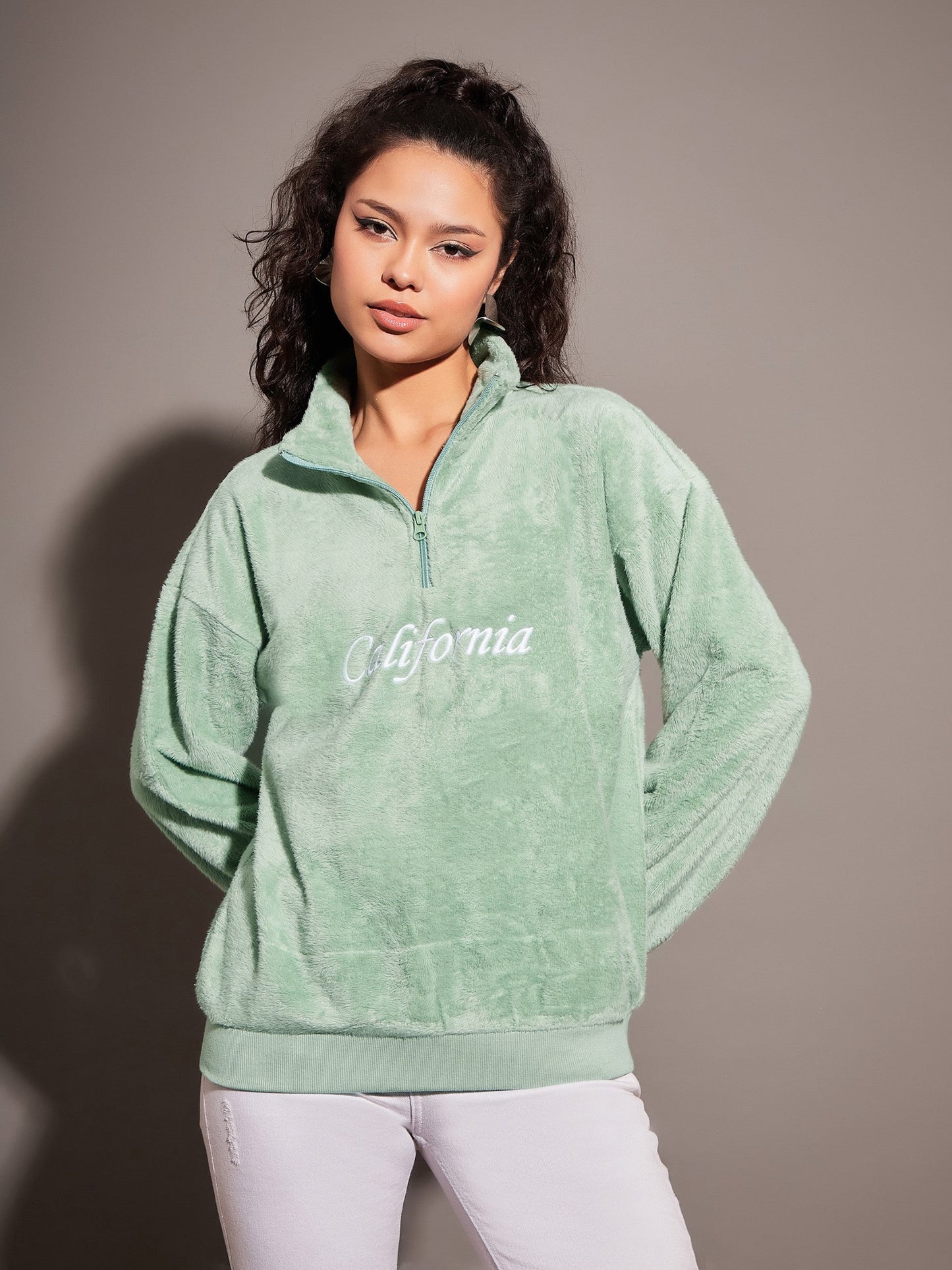 Green Fur CALIFORNIA Embroidered High Neck Sweatshirt