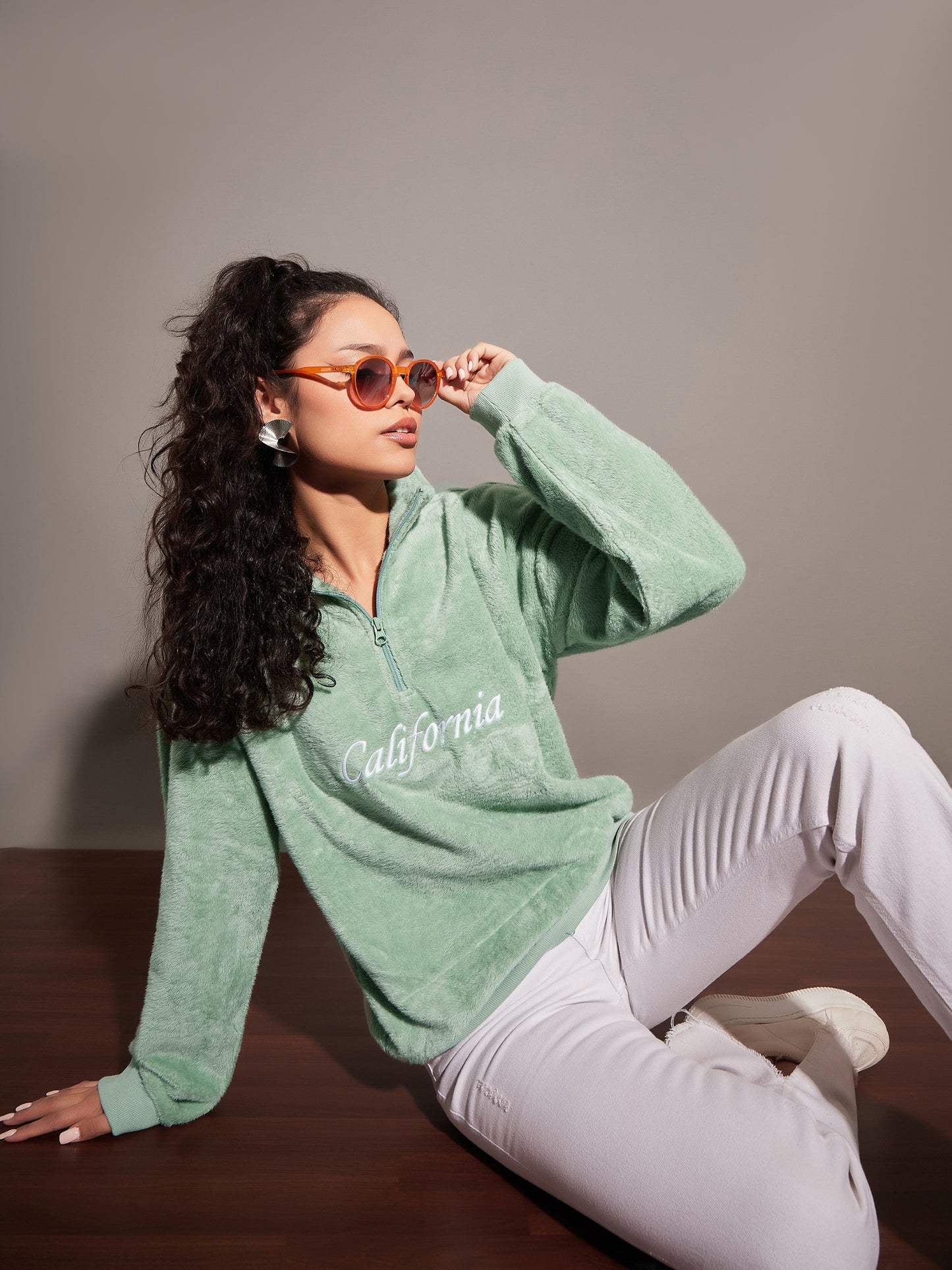Green Fur CALIFORNIA Embroidered High Neck Sweatshirt