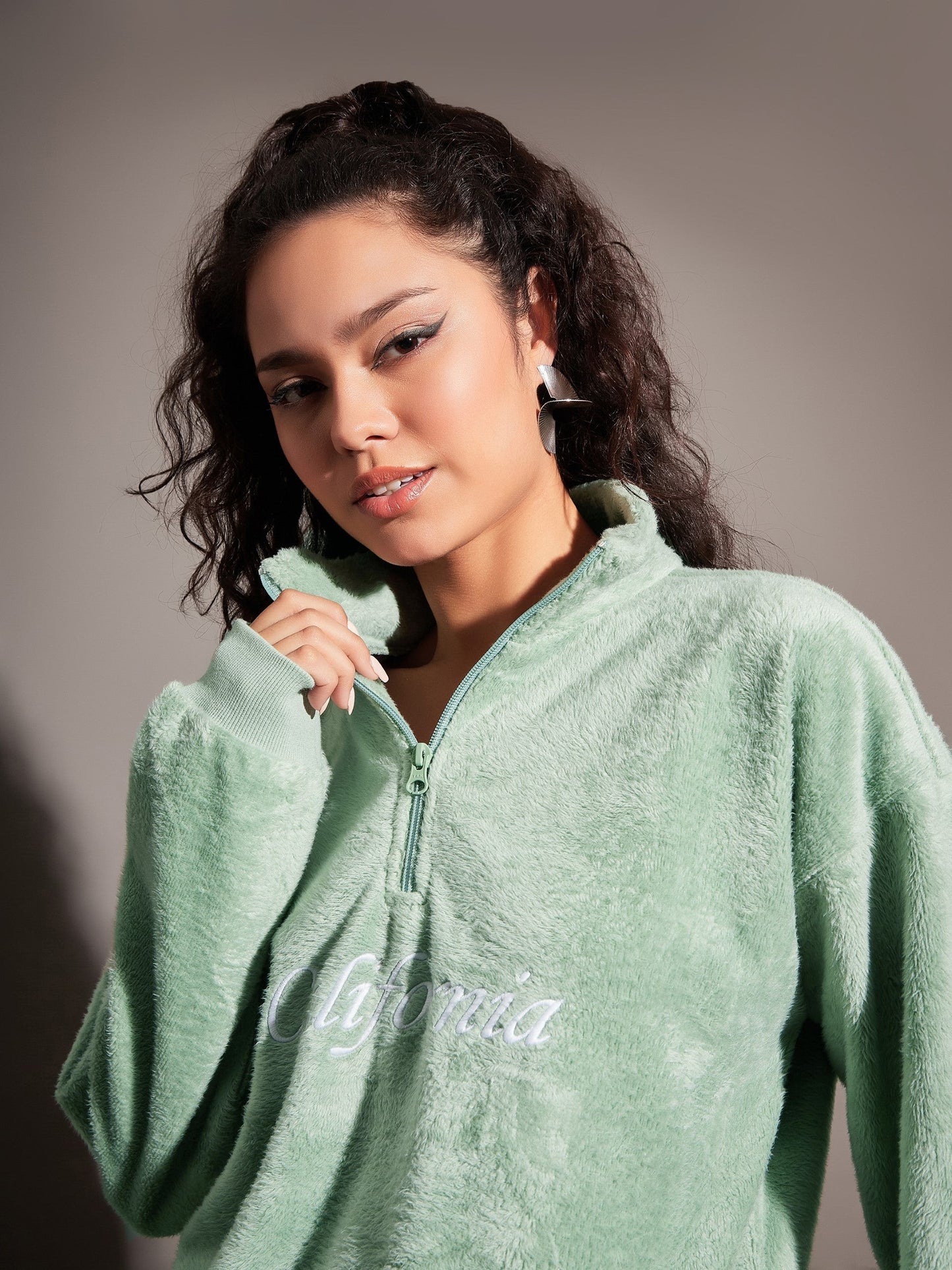 Green Fur CALIFORNIA Embroidered High Neck Sweatshirt