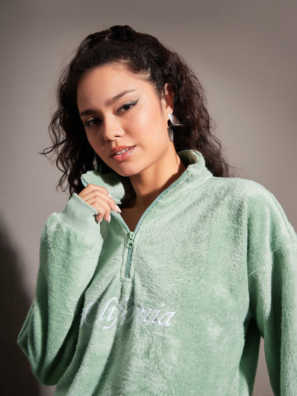 Green Fur CALIFORNIA Embroidered High Neck Sweatshirt