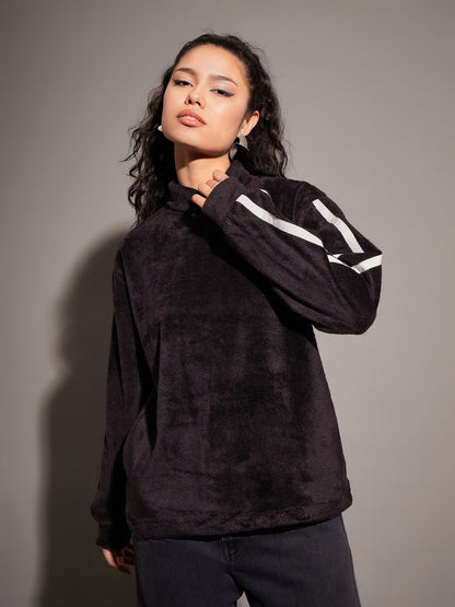Black Fur Contrast Tape High Neck Sweatshirt
