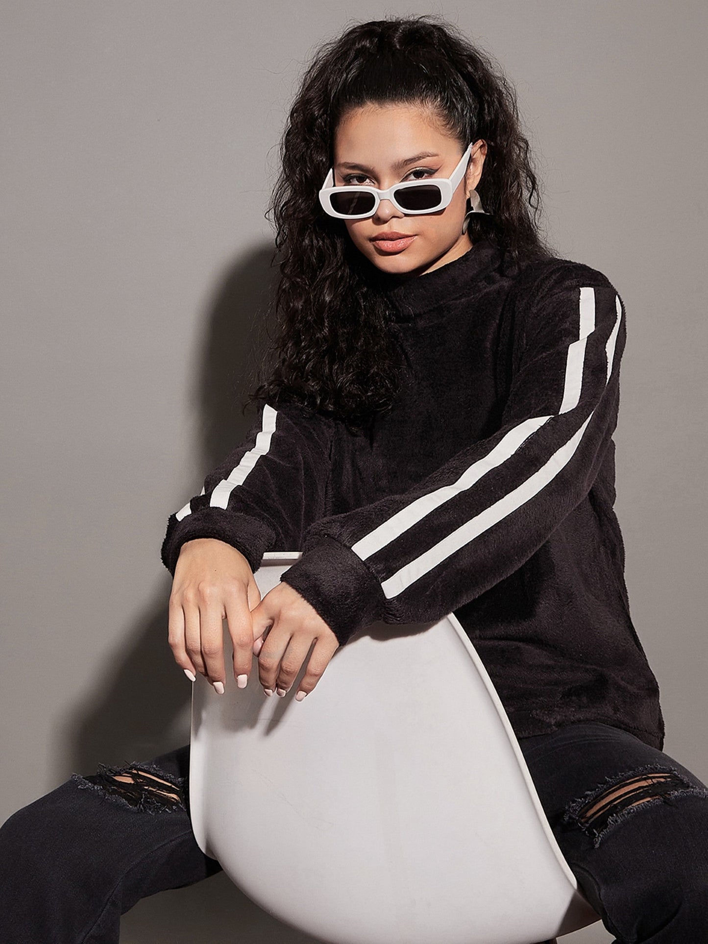 Black Fur Contrast Tape High Neck Sweatshirt