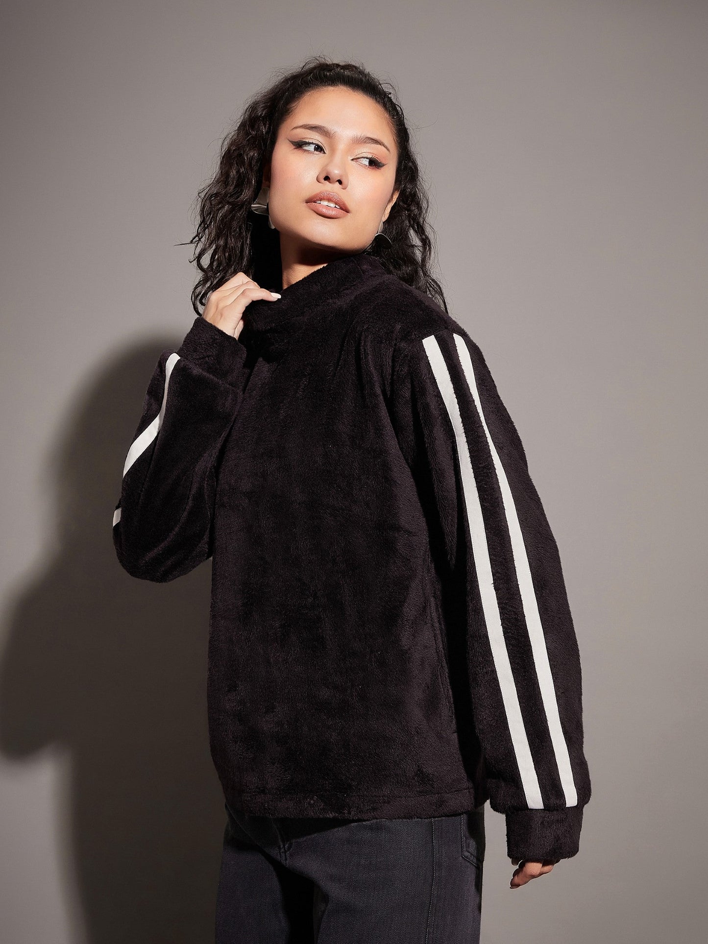 Black Fur Contrast Tape High Neck Sweatshirt