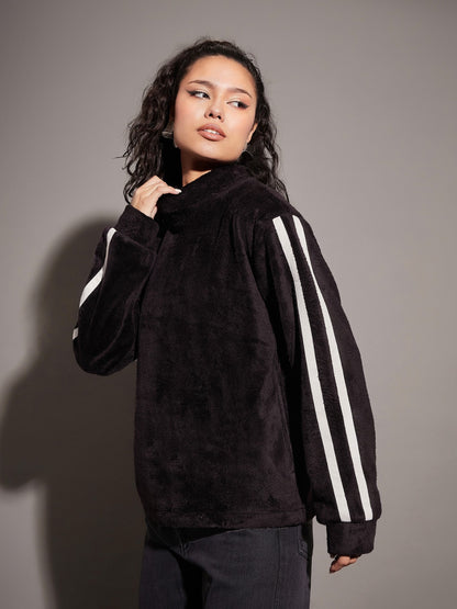 Black Fur Contrast Tape High Neck Sweatshirt