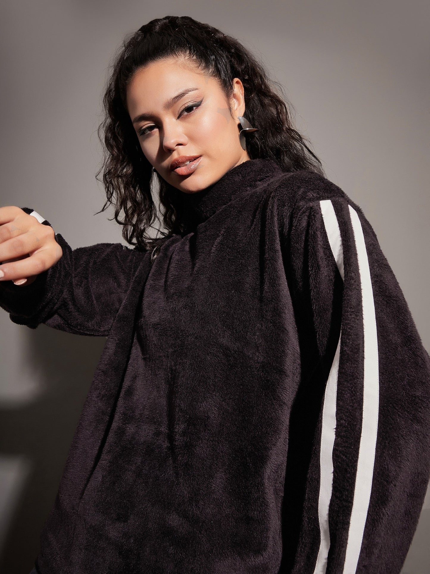 Black Fur Contrast Tape High Neck Sweatshirt