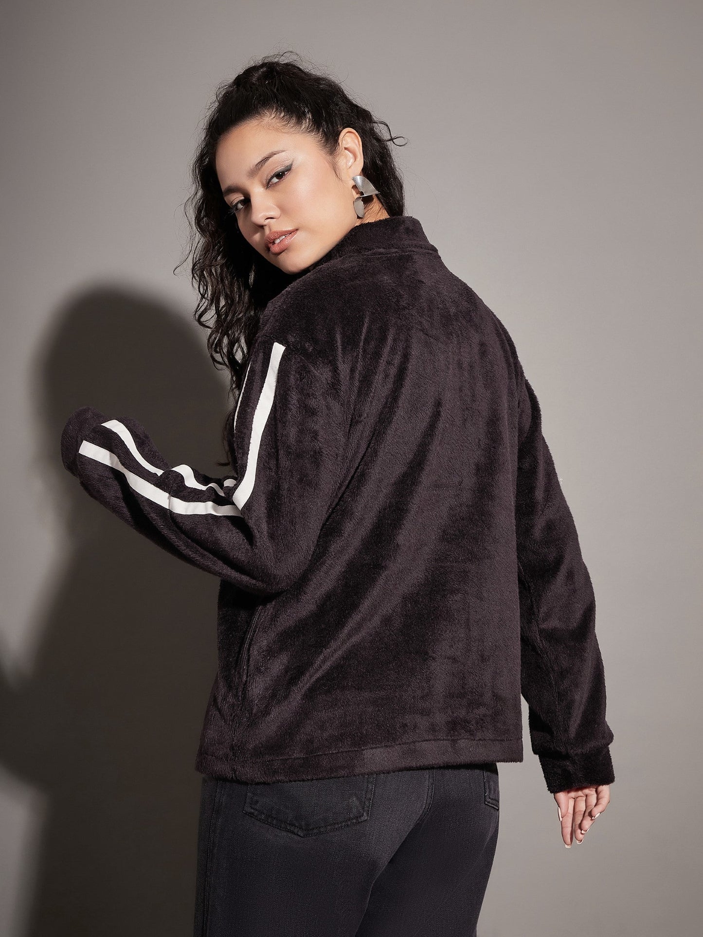 Black Fur Contrast Tape High Neck Sweatshirt