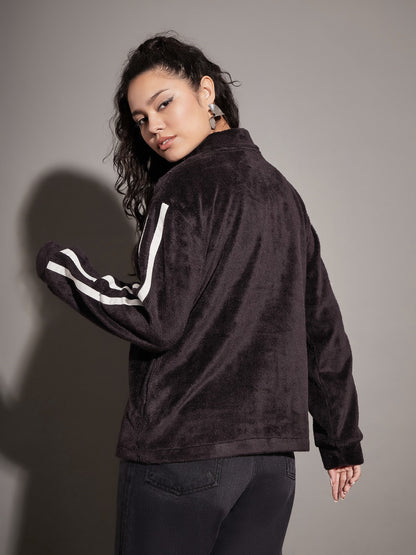 Black Fur Contrast Tape High Neck Sweatshirt
