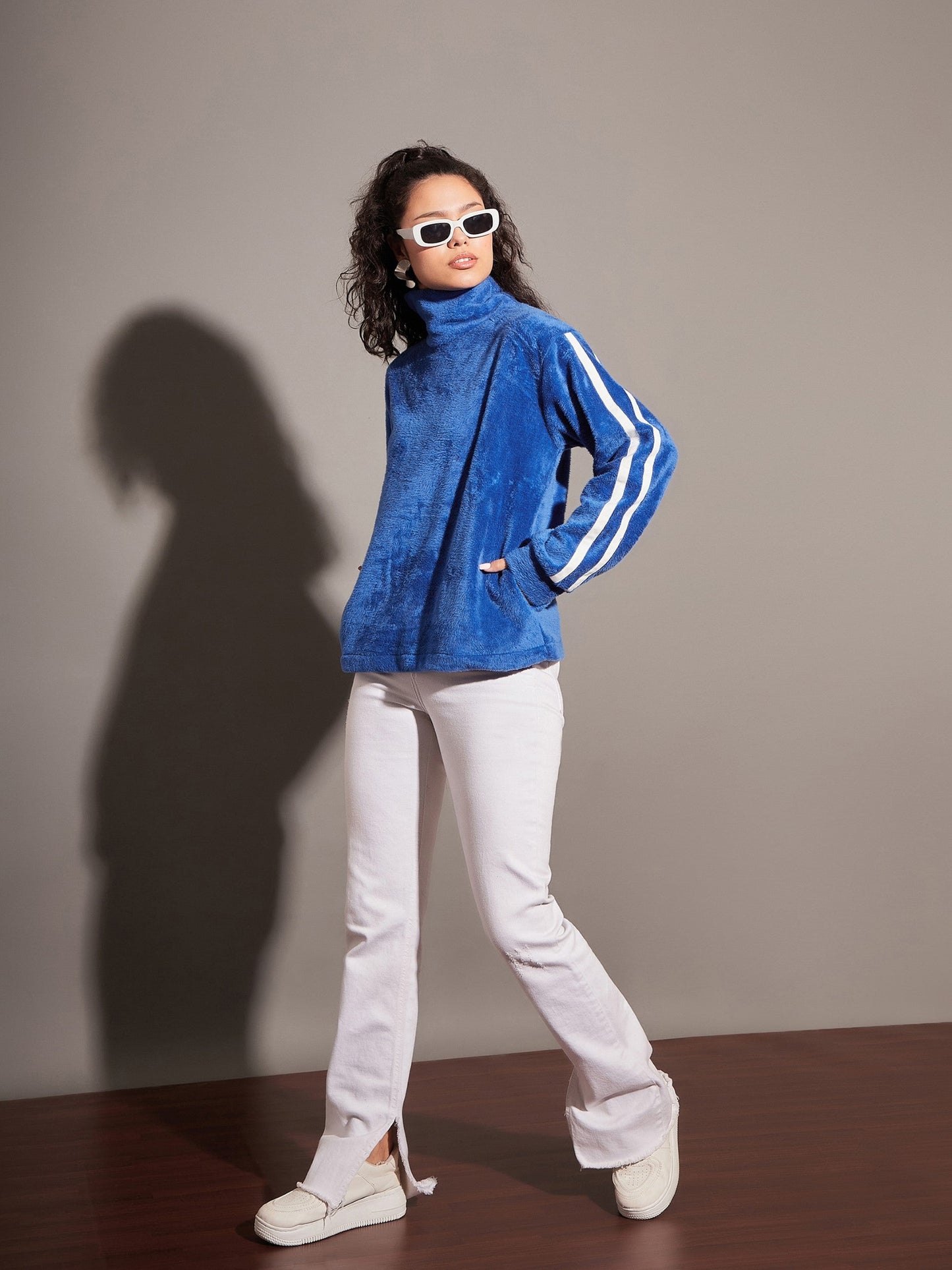 Royal Blue Fur Contrast Tape High Neck Sweatshirt