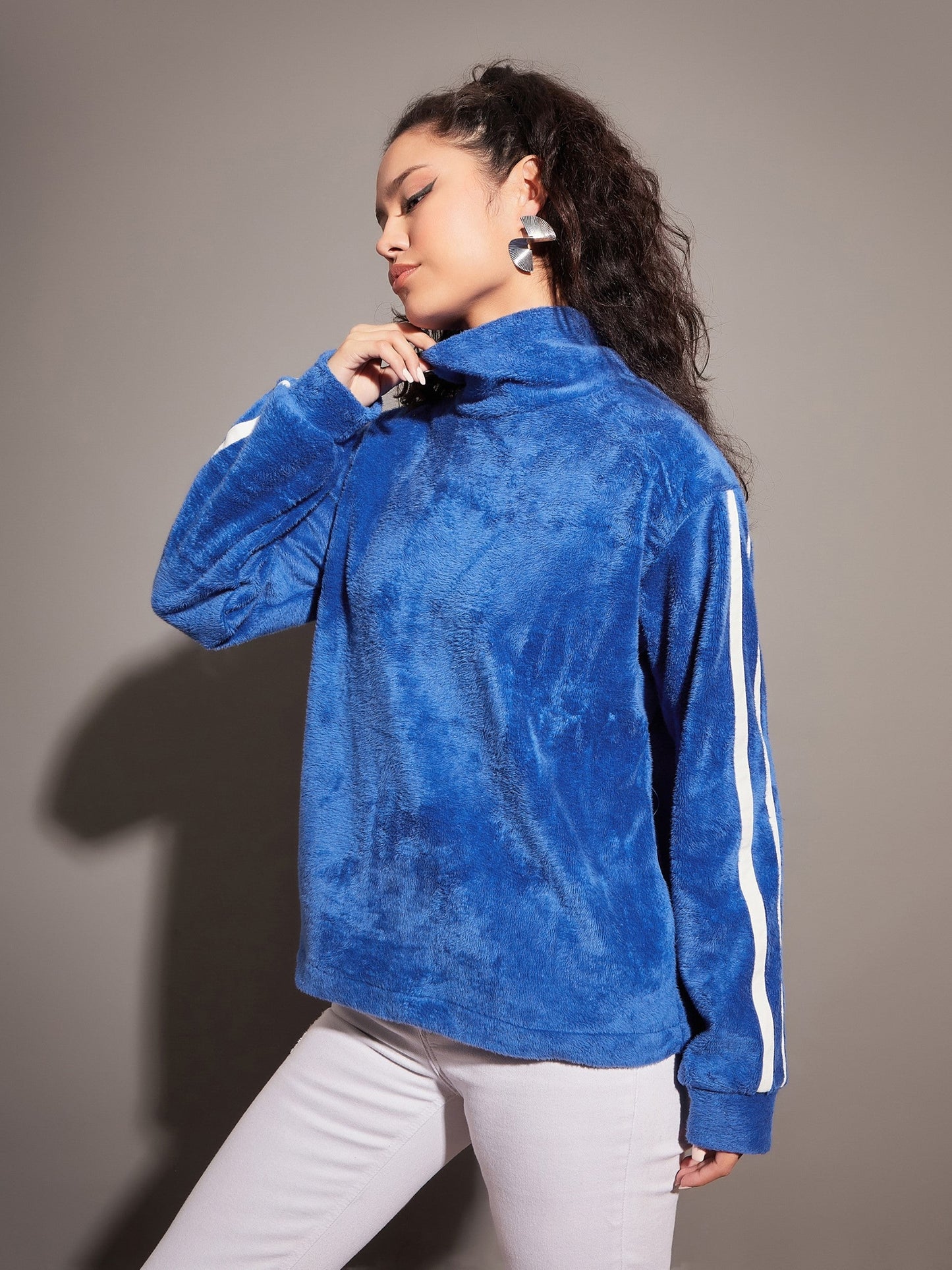 Royal Blue Fur Contrast Tape High Neck Sweatshirt