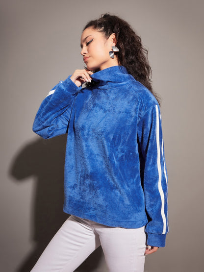 Royal Blue Fur Contrast Tape High Neck Sweatshirt