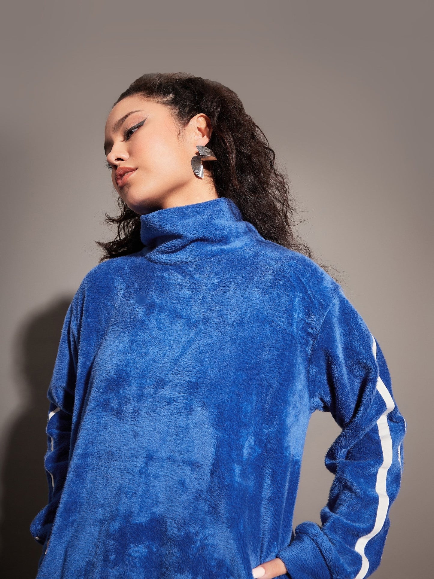 Royal Blue Fur Contrast Tape High Neck Sweatshirt