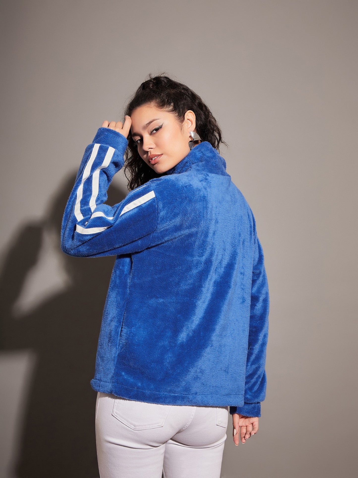 Royal Blue Fur Contrast Tape High Neck Sweatshirt