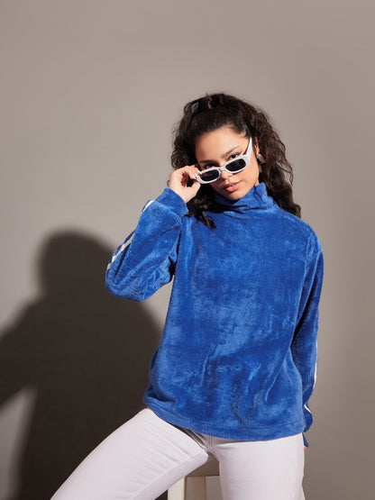 Royal Blue Fur Contrast Tape High Neck Sweatshirt