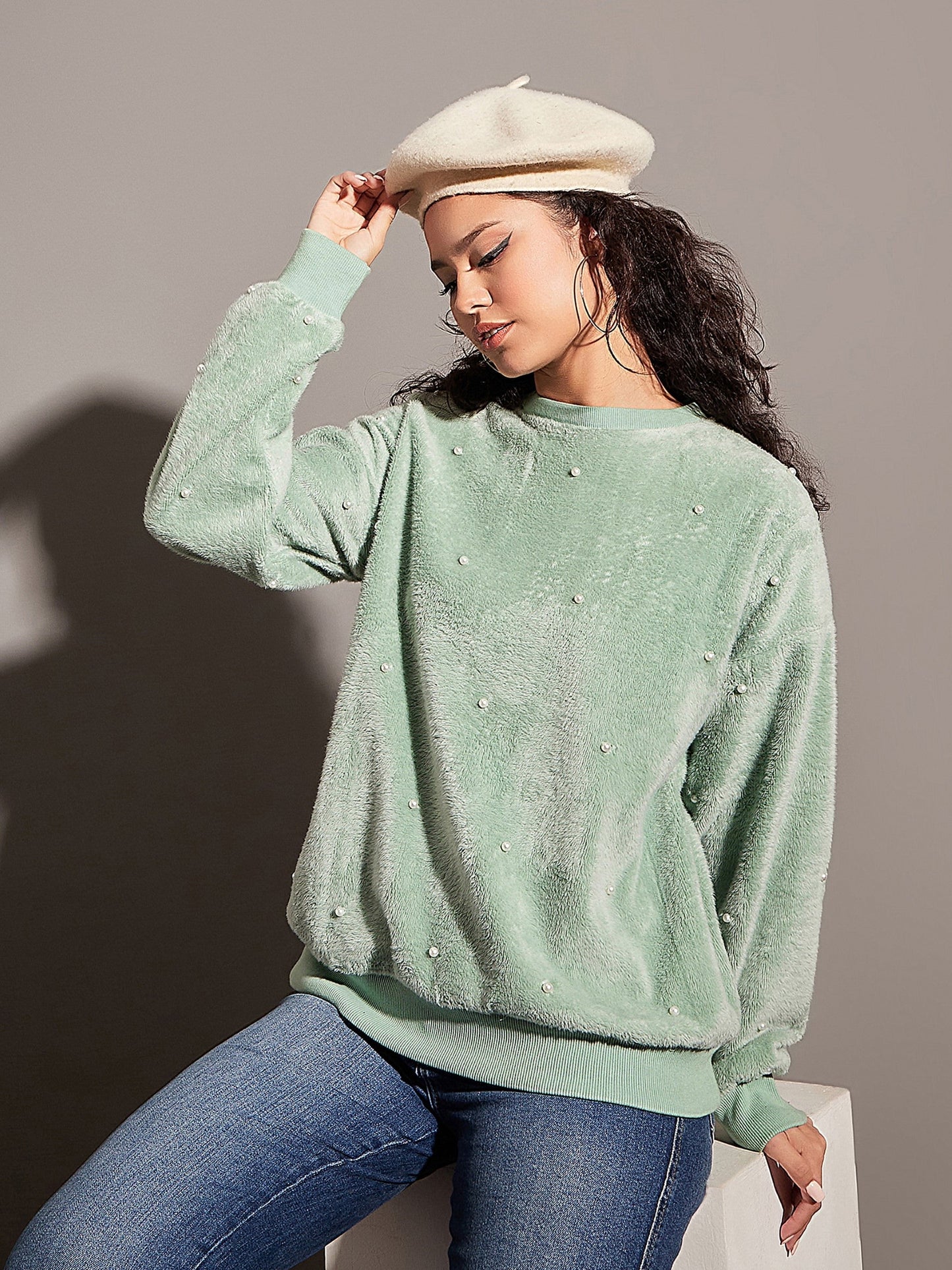 Sea Green Fur Pearl Sweatshirt