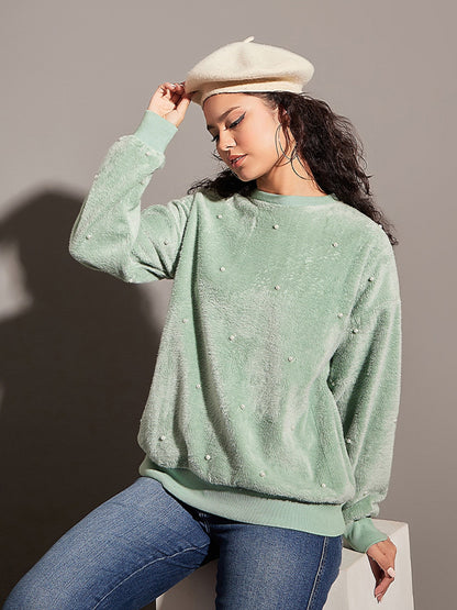 Sea Green Fur Pearl Sweatshirt